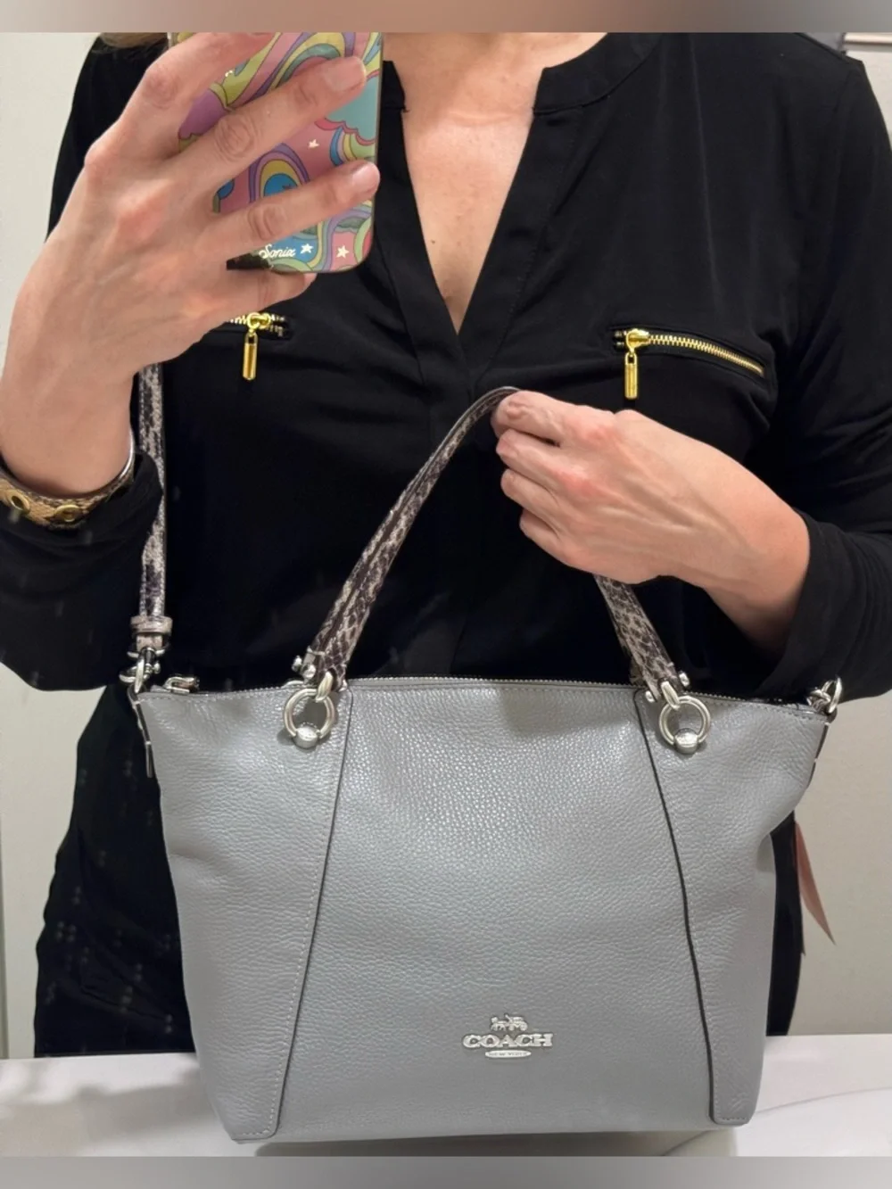 Coach Kacey Satchel grey pebble leather snake-embossed handle and strap EUC - Picture 15 of 17